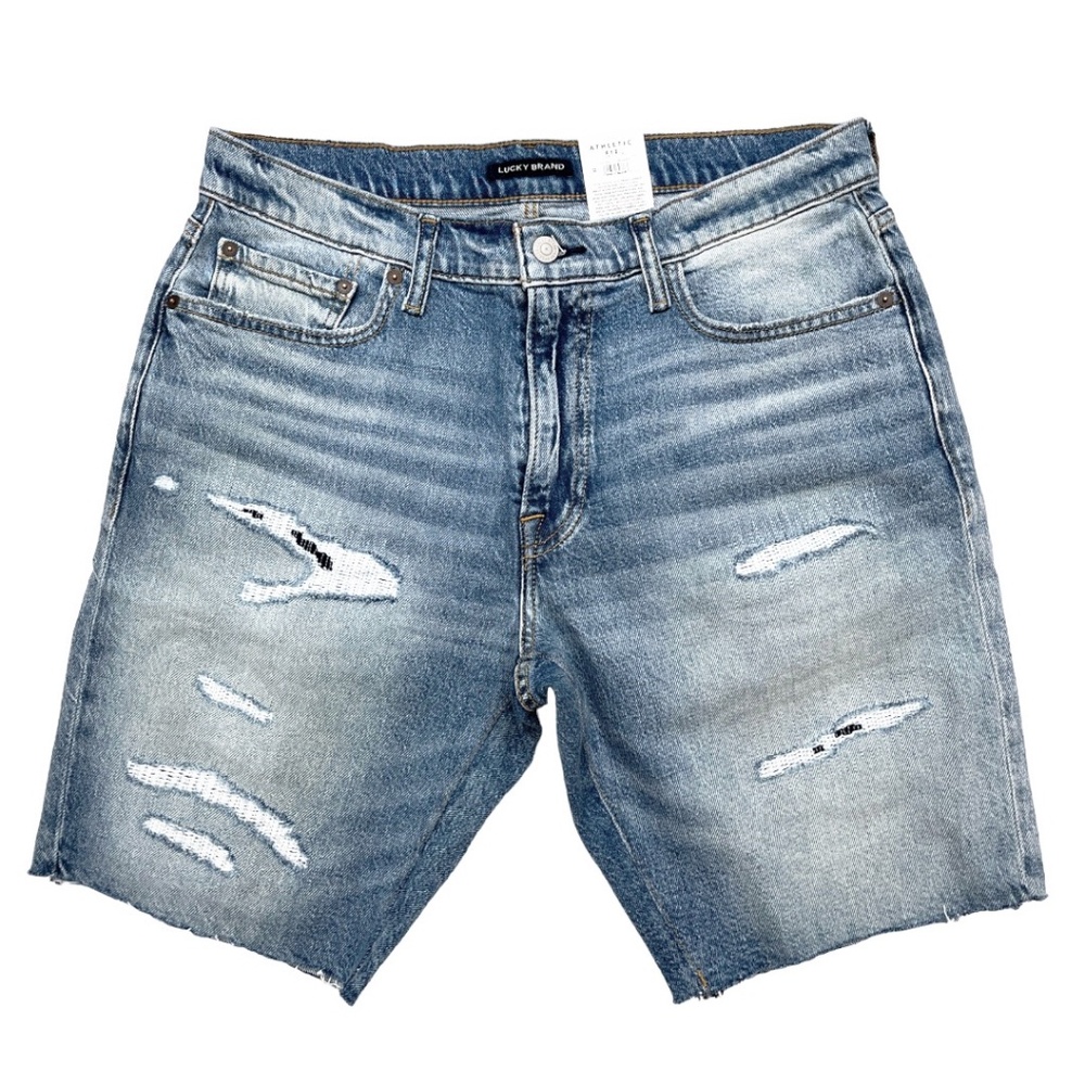 Lucky Brand Men’s Distressed Denim Cut Off Shorts 32 Patched Stitched